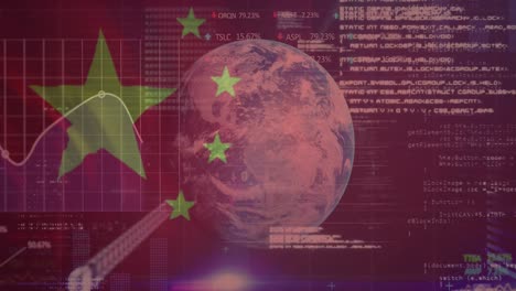animation of chinese flag flowing over globe and data processing