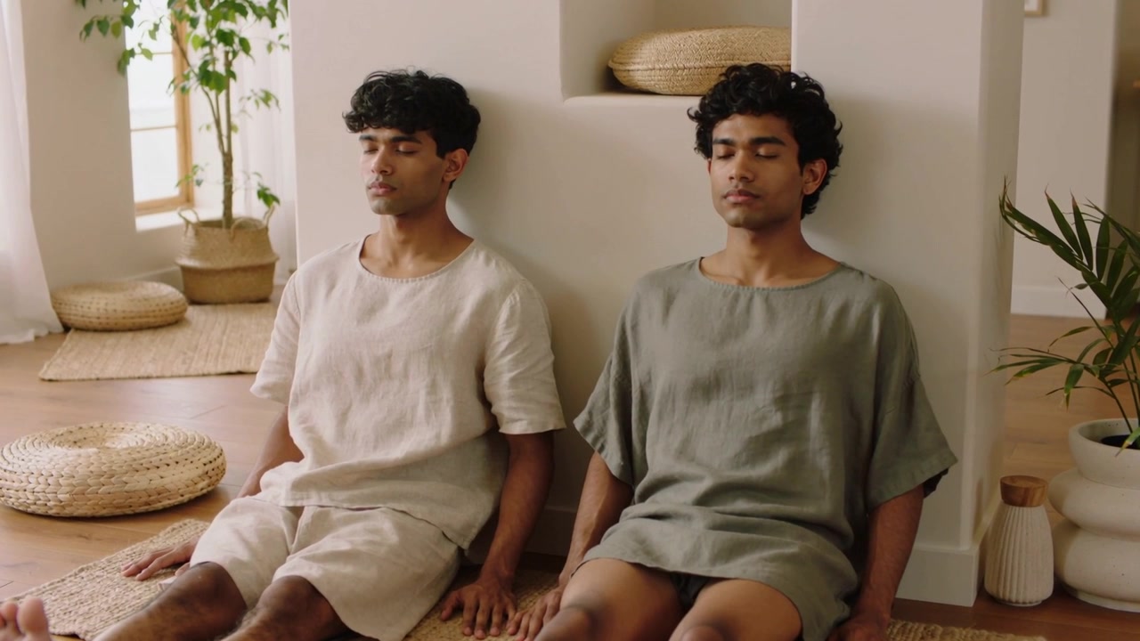 Sentados, dois homens com roupas casuais meditando em um tapete tecido na sala de estar com plantas