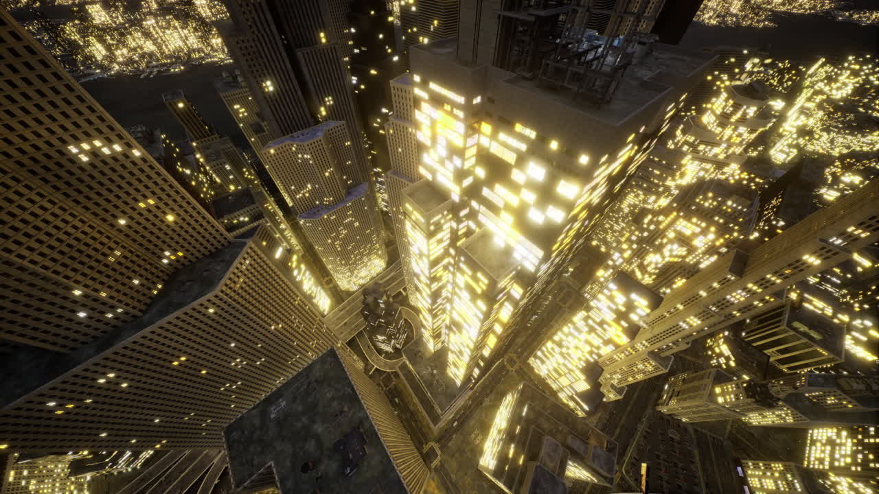 City skyscrapers illuminated at night with vibrant lights shining brightly