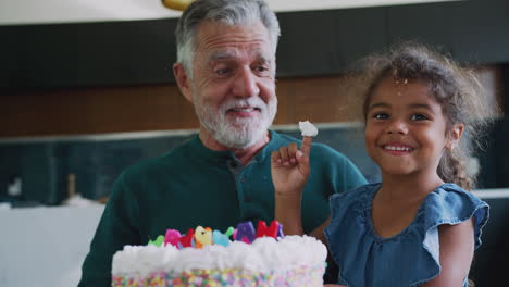 la nieta celebra el cumpleaños con el abuelo poniéndole crema de pastel en la nariz y riendo