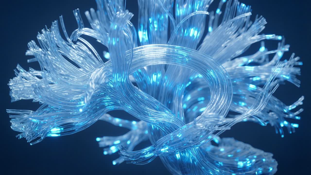 Blå lyssignaler bevæger sig gennem et neuralt fibernetværk, der danner en teknologisk AI-hjernegrænsefladestruktur.