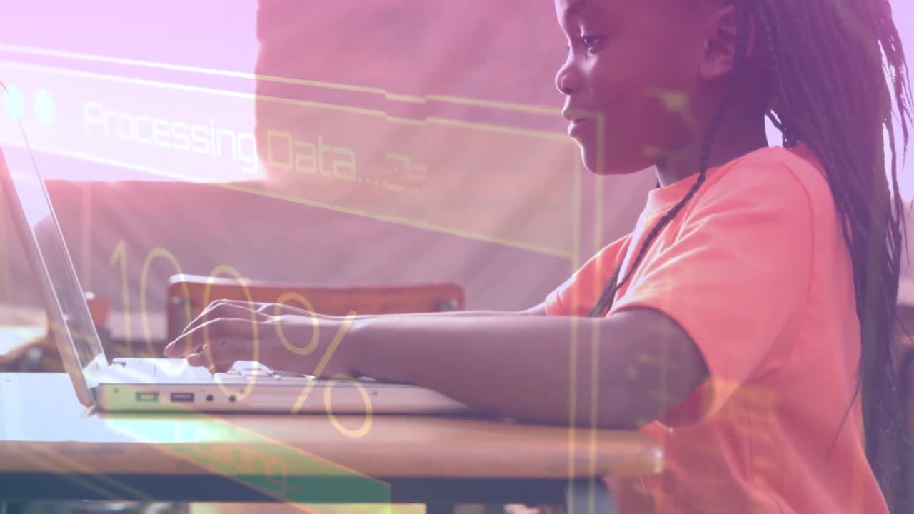 Animation of data processing over african american girl using laptop