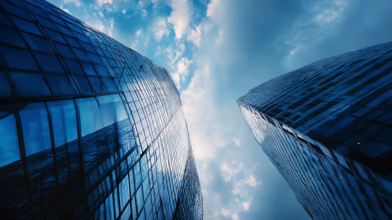 A Captivating Perspective of Modern Skyscrapers Reaching Towards the Clouds, Showcasing the Artistic Blend of Glass and Sky in an Urban Landscape under Dramatic Weather Conditions