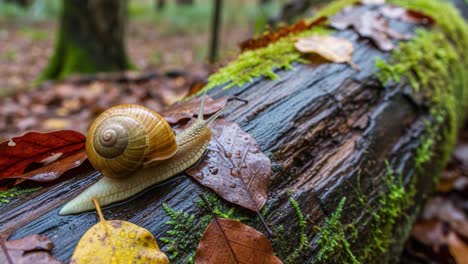 A Close-Up View of a Snail Slowly Moving Across a Moss-Covered Log Surrounded by Fallen Leaves in a Serene Forest Setting