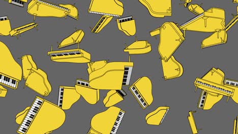 many yellow pianos on gray background.