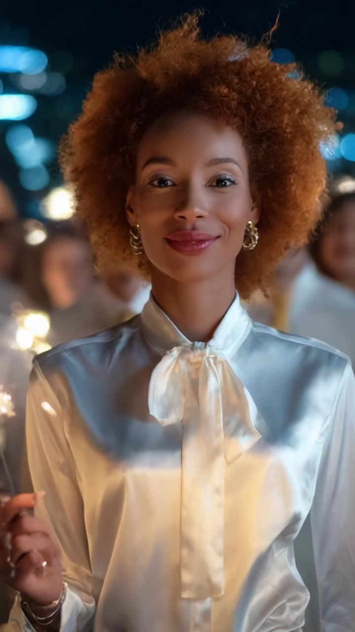 A joyful celebration captured in vibrant night frames, featuring a woman with curly hair celebrating with sparklers and a bright smile in a joyous atmosphere