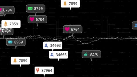 animation of social media icons floating over data processing against black background