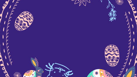 animation of easter bunnies and easter decorated spinning circle on purple background