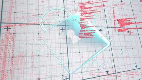 animation of data processing, online security padlock and computer circuit board over grid