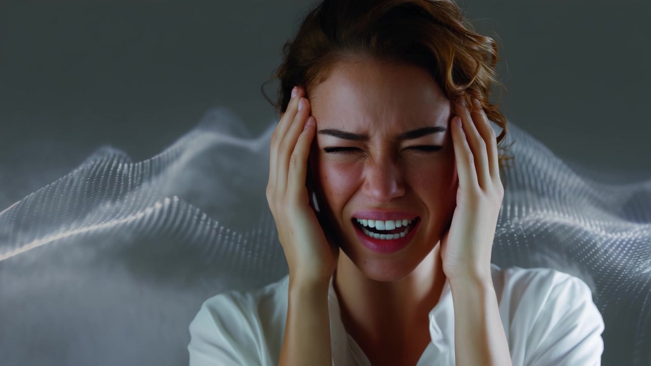 A woman experiencing distress, holding her head in pain while surrounded by abstract swirling patterns indicating turmoil or emotional conflict in her expression.