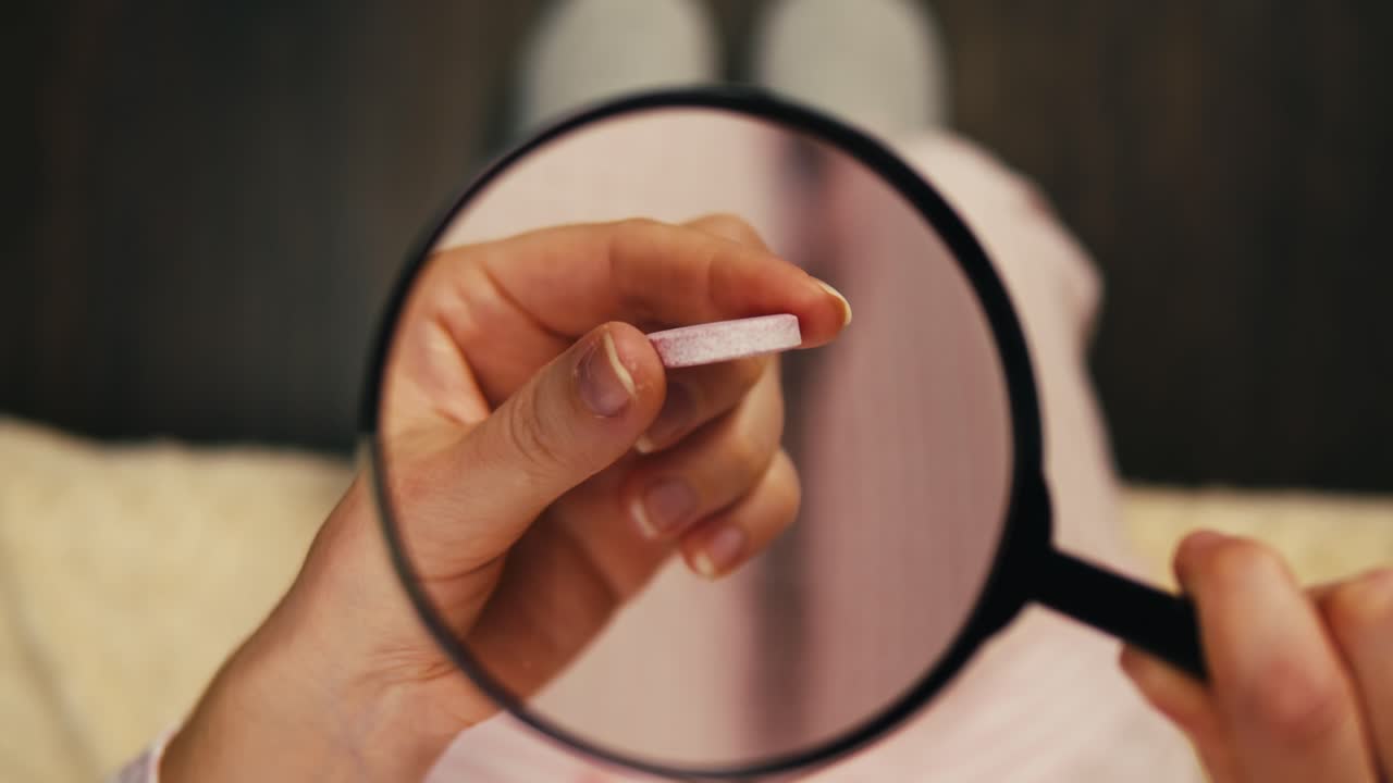 mujer examinando una píldora con una lupa