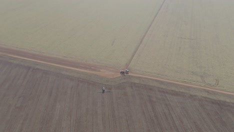 Máquina-De-Cultivo-Que-Trabaja-En-Una-Vasta-Vista-Aérea-Del-Campo-De-Plantaciones-De-Soja-Que-Revela-Un-Amplio-Paisaje