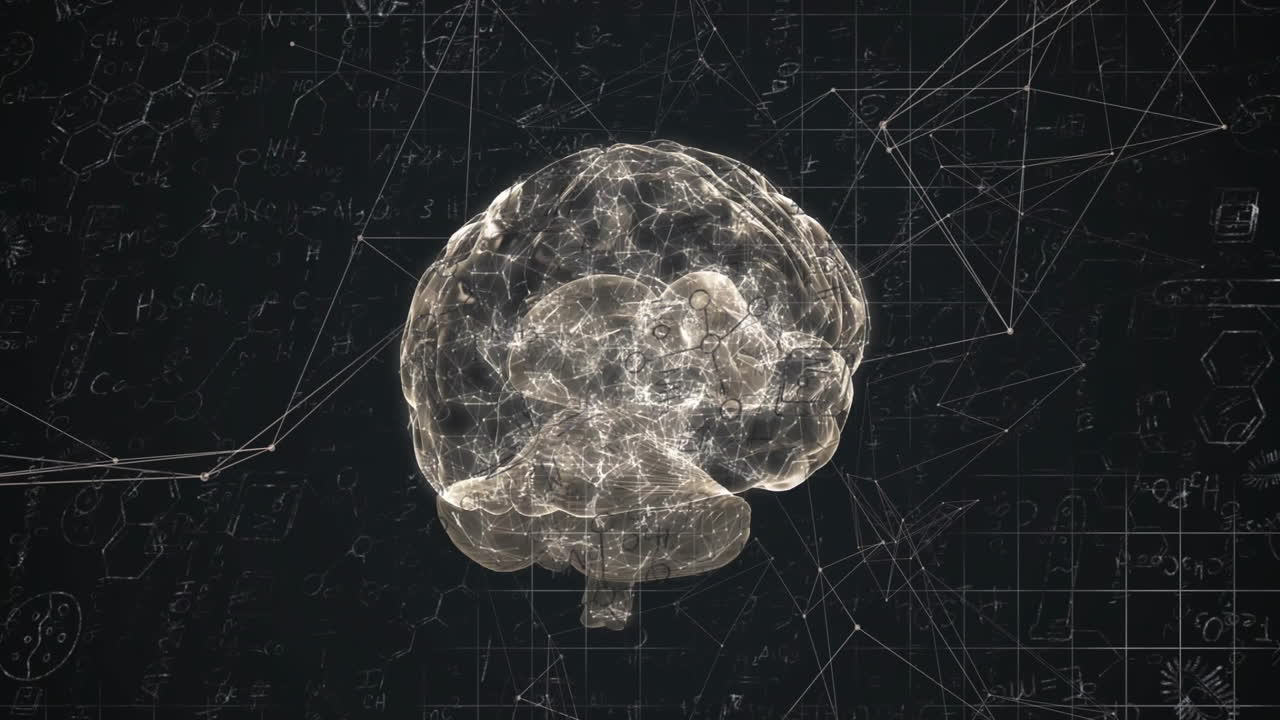 Animation of digital brain and chemical equations on black background