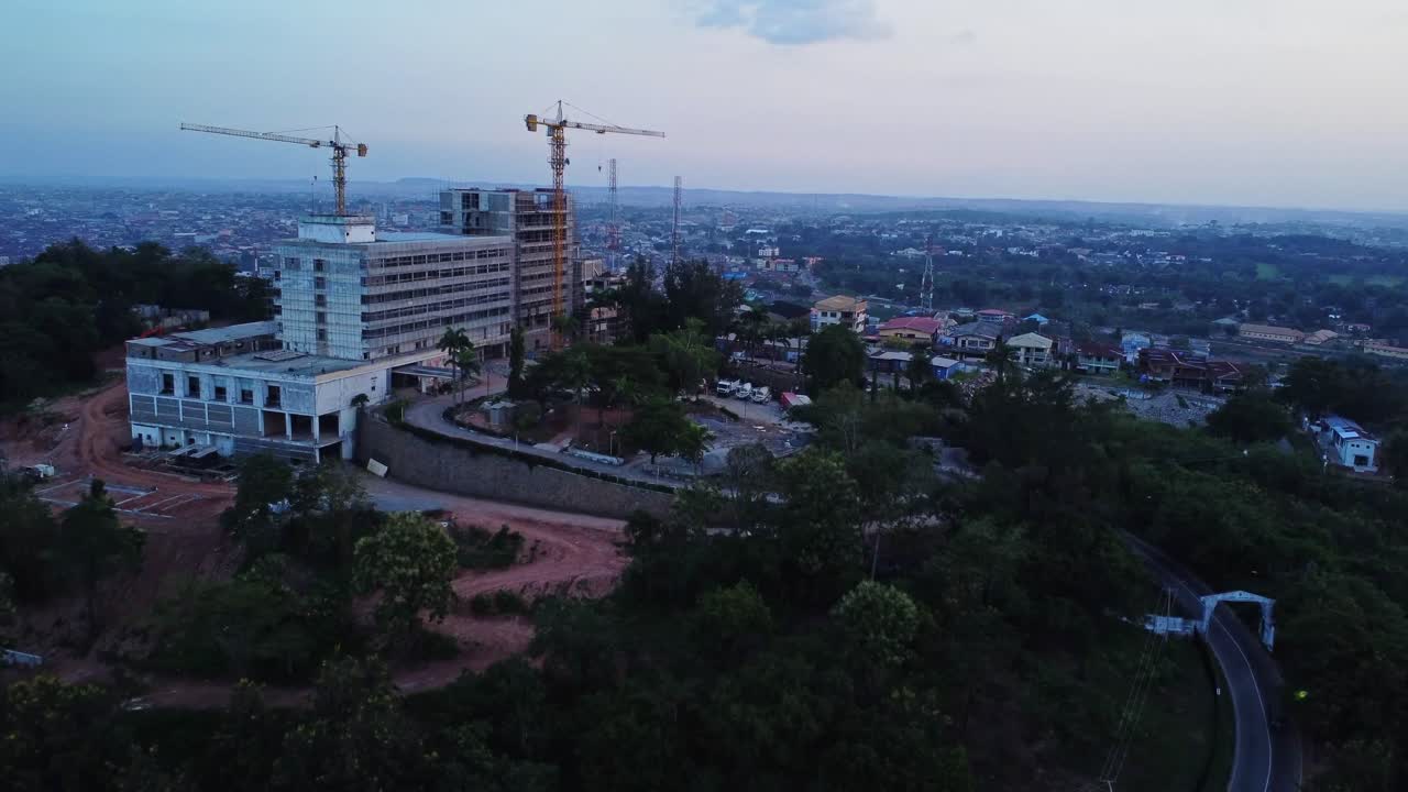 Aerial of the beautiful Premier Hotel in Ibadan, Nigeria under renovation. The hotel is being upgraded to a luxurious destination in African country