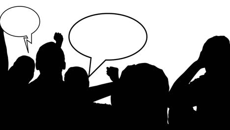 animation of silhouette of sport fans with speech bubbles on white background