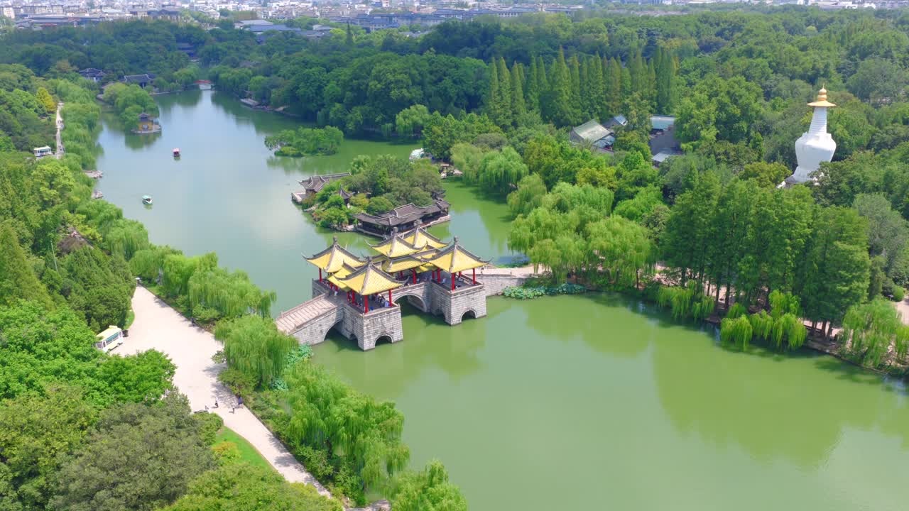 Slender West Lake Scenic Area, Yangzhou City, Jiangsu Province, China, featuring classical Chinese gardens and aerial photography of Chinese gardens