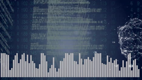 financial data processing animation over bar graphs and network connections