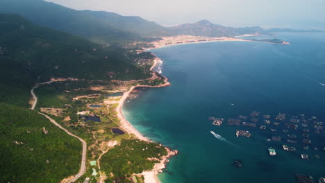 aerial pullback, panorama of binh hung tropical island paradise in vietnam