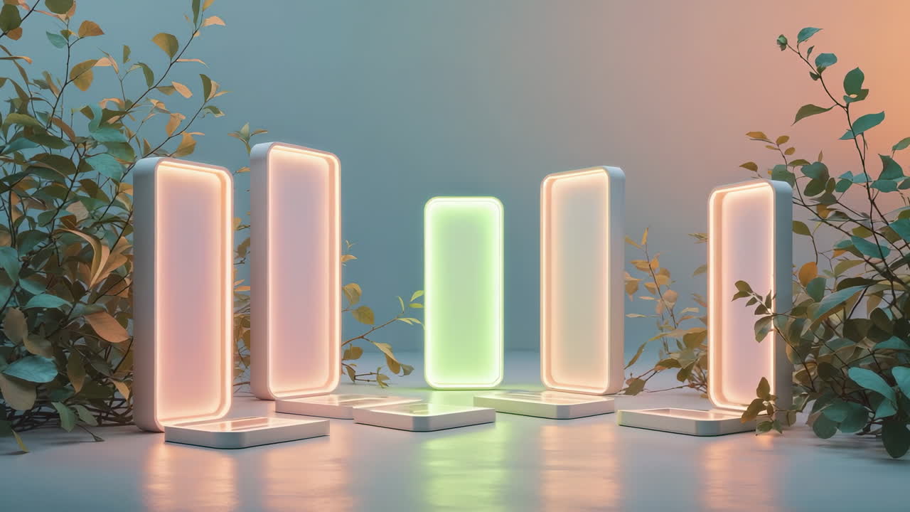 Abstract Neon Glowing Podiums with Botanical Elements