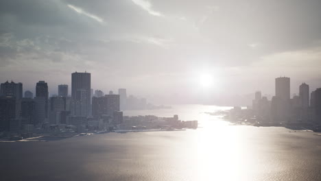 skyline aerial view at sunset with skyscrapers