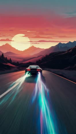 A retro-futuristic video concept of a car with neon trails on a winding road at sunset