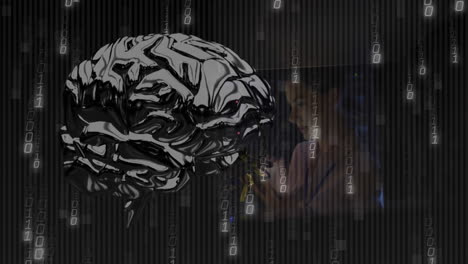 animación de procesamiento de datos y cerebro digital sobre mujer caucásica en la sala de servidores.