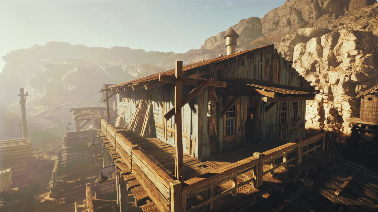 산에 있는 오래된 나무 오두막