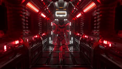 astronaut runs through a tunnel to another compartment of the space gate. spaceship and technology concept. 4k animation of seamless loop