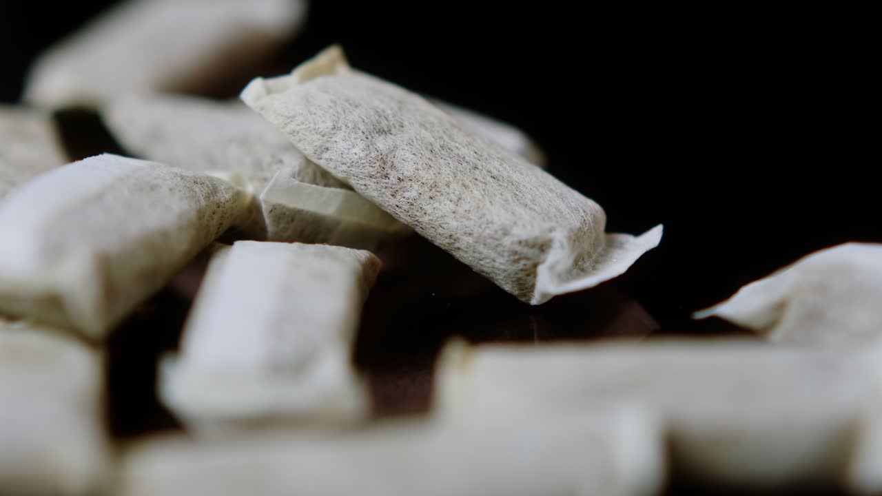 Snus nicotine tobacco close up, pack of tobacco for gum. unhealthy addiction. Man opening box with snus and taking one.