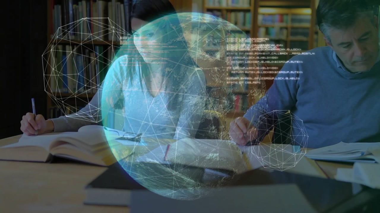 Writing after transparent globe, data spheres and code fading in, tutor and student studying