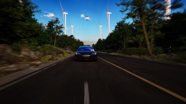 3D Render Of Generic Electric Car Drives On A Road With Wind Turbines In The Background. Realistic 3D Animation