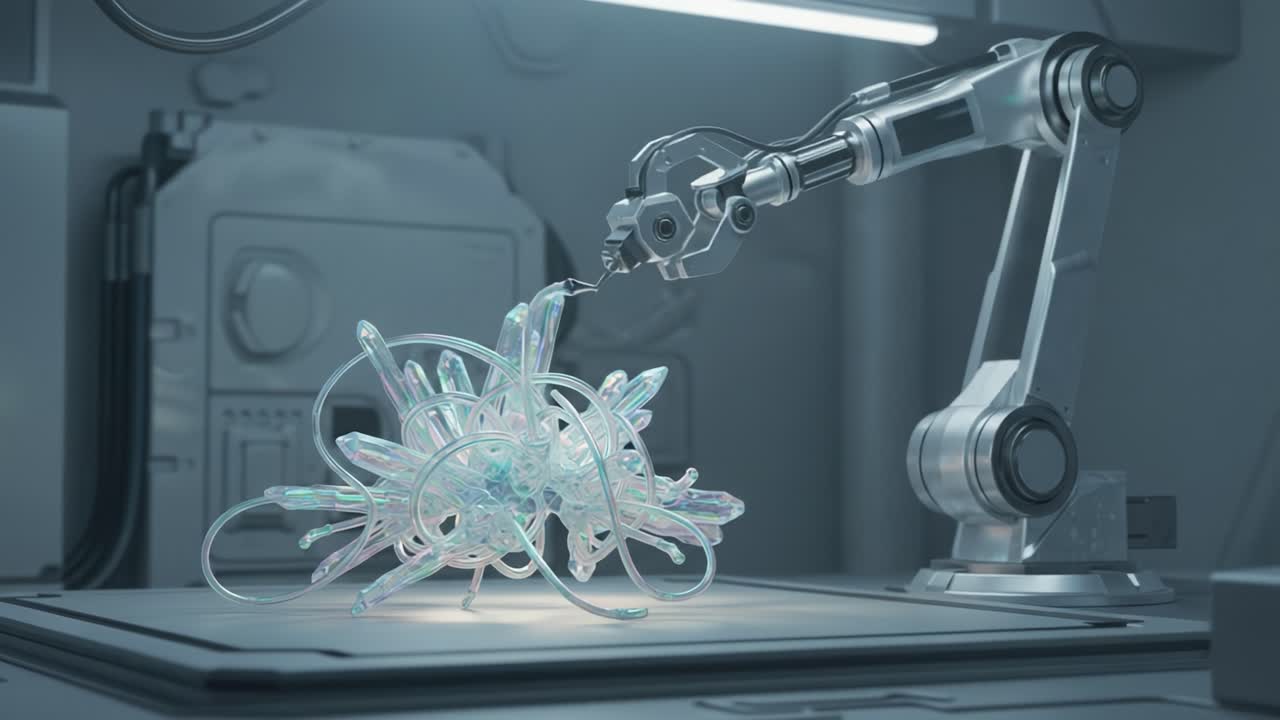 A robotic arm delicately manipulates a complex, translucent structure that resembles organic growth, showcasing the intersection of technology and art in a lab environment