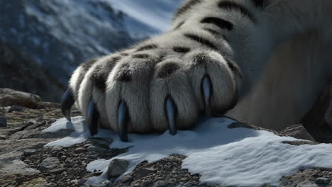 close-up of a snow leopard's paw on snowy mountain terrain