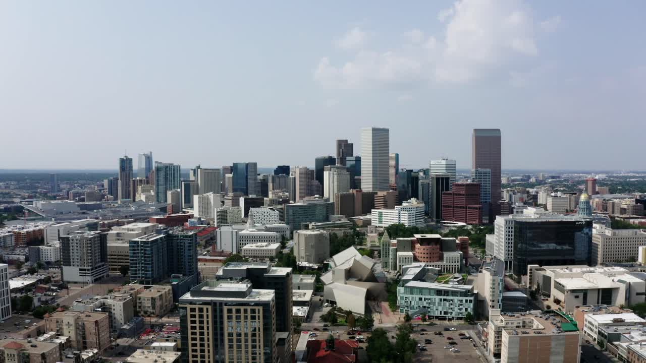 Drone shot of the city of Denver, Colorado on a bright sunny day