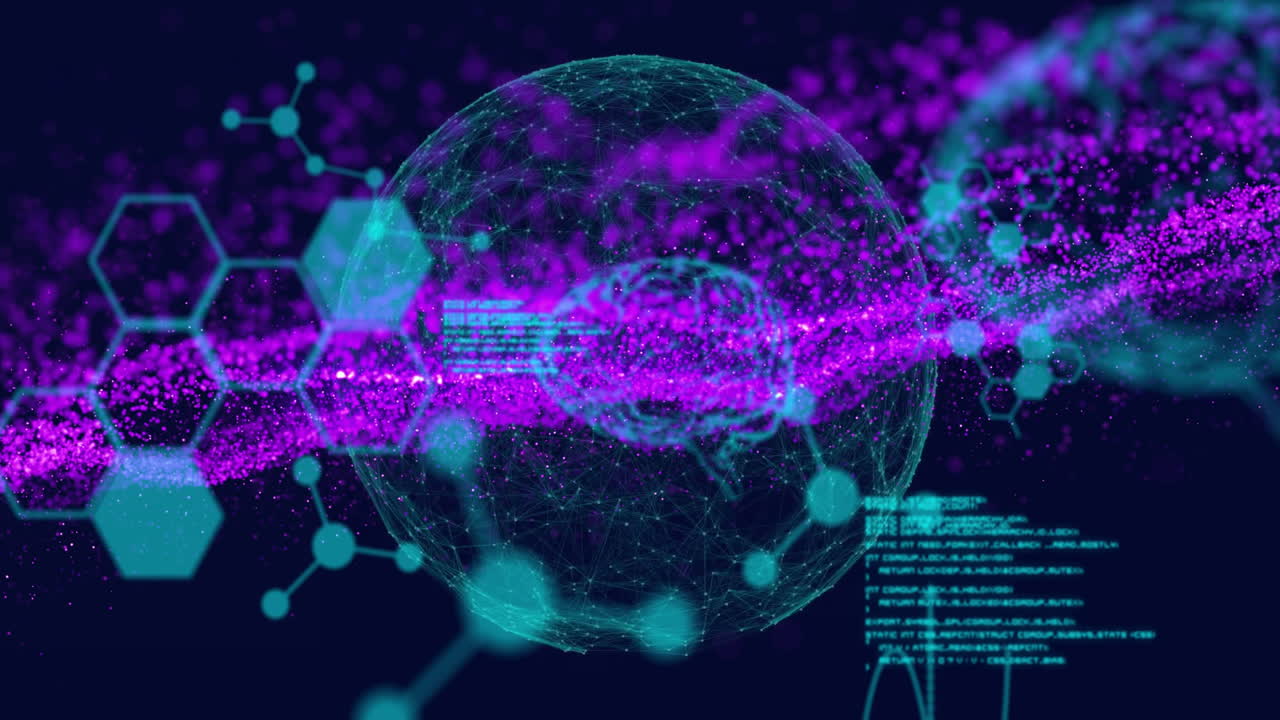 Digital animation showing globe with purple data streams and molecular structures