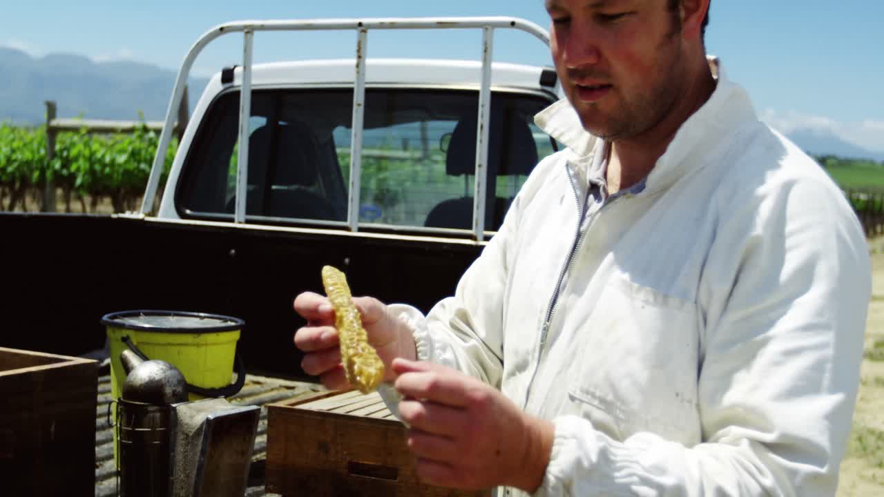 신선 한  ⁇ 집 의 조각 을 들고 있는 양봉자