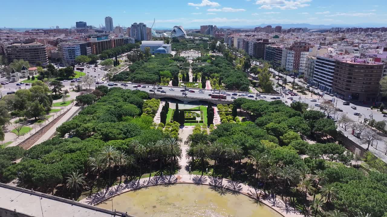 Turia Gardens At Valencia In Valence Community Spain. Leisure Park Scenery. Downtown Cityscape. Valencia At Valence Community Spain. Cultural Heritage Skyline. Urban Scene.