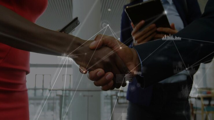 Man starting shake, hands holding, third hand joining, network lines linking and confirming deal