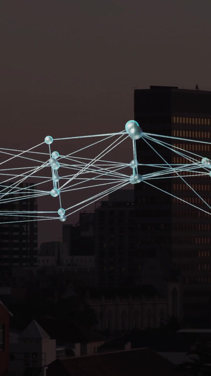 Network of connections and data processing animation over cityscape at dusk