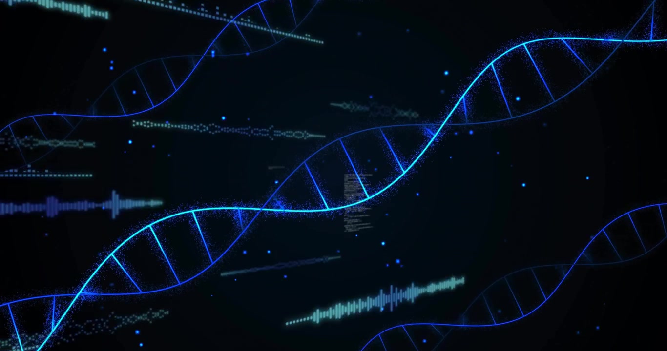 Neon blue DNA helix glowing and twisting across dark void, showing code fragments