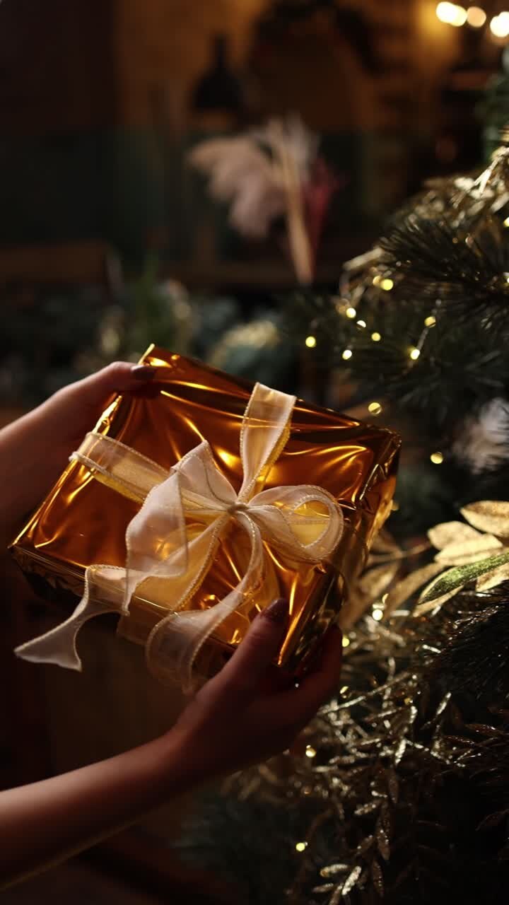 mãos segurando um presente de natal dourado