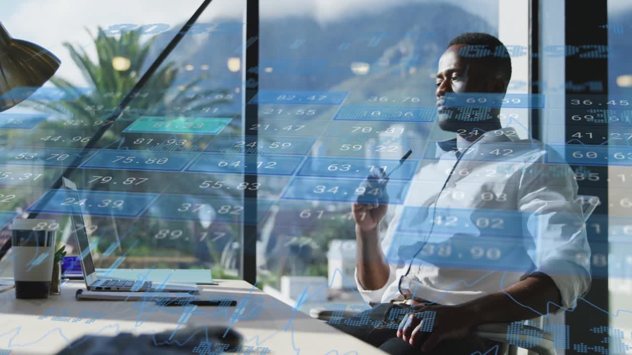 Animation of financial data processing over african american businessman in office