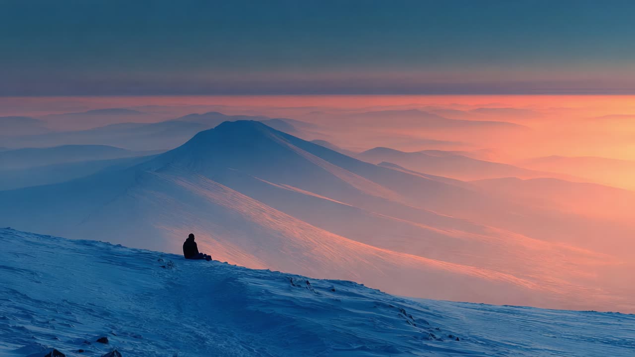 A Serene Winter Sunset Over Majestic Snow-Capped Mountains: A Solo Adventurer's Reflection Amidst the Calm Beauty of Nature's Majesty