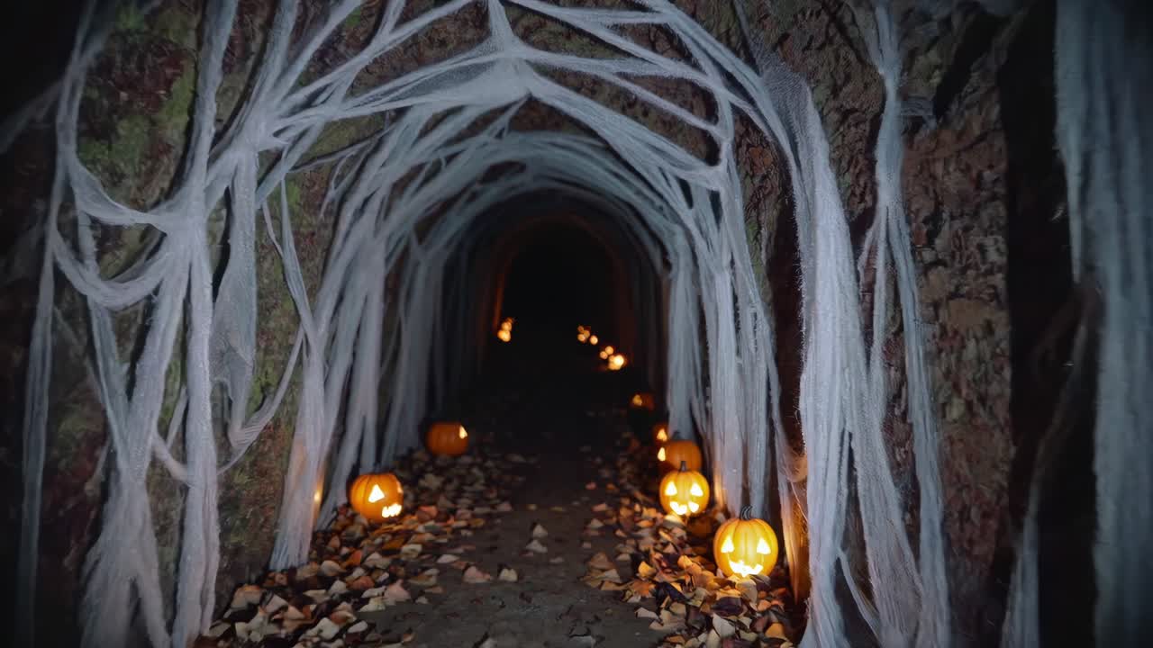 Creepy Halloween tunnel decorated with hanging spider webs and illuminated pumpkins creating a spooky and festive atmosphere for trick or treaters