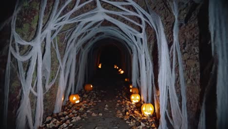 creepy halloween tunnel decorated with hanging spider webs and illuminated pumpkins creating a spooky and festive atmosphere for trick or treaters