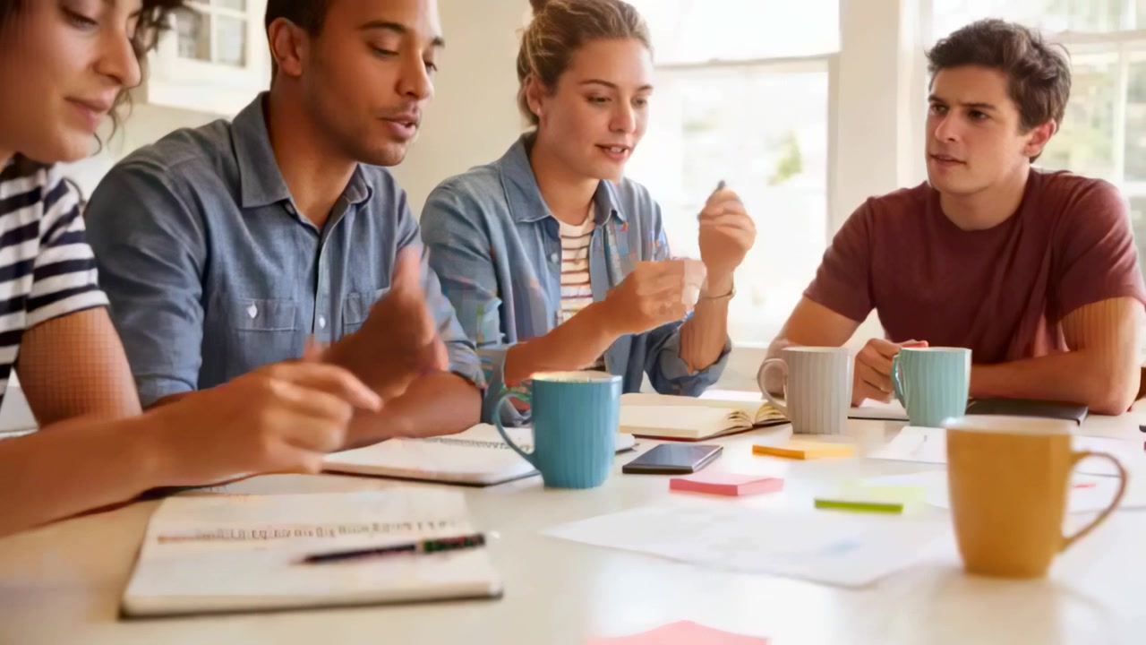 Speaking left male holding mug leading planning at study table, female in denim showing sticky note
