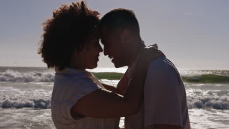 happy couple, beach and sunset with head together