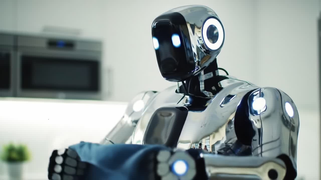 A Sophisticated Chrome Robot Engaging in Household Chores Demonstrating Advanced Automation and Artificial Intelligence in a Modern Kitchen Environment