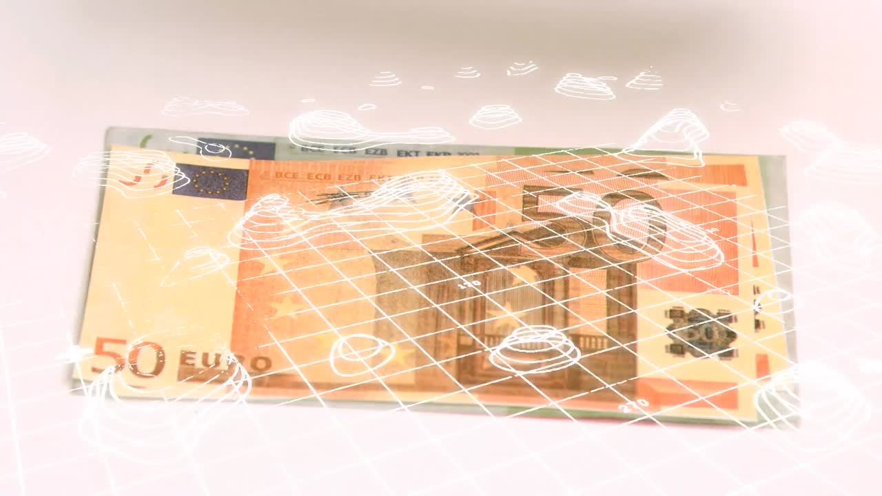 анимация топографических структур по сетевой сети на фоне банкнот евро на розовом фоне