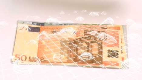 animation of topography structures over grid network against euro bills against pink background